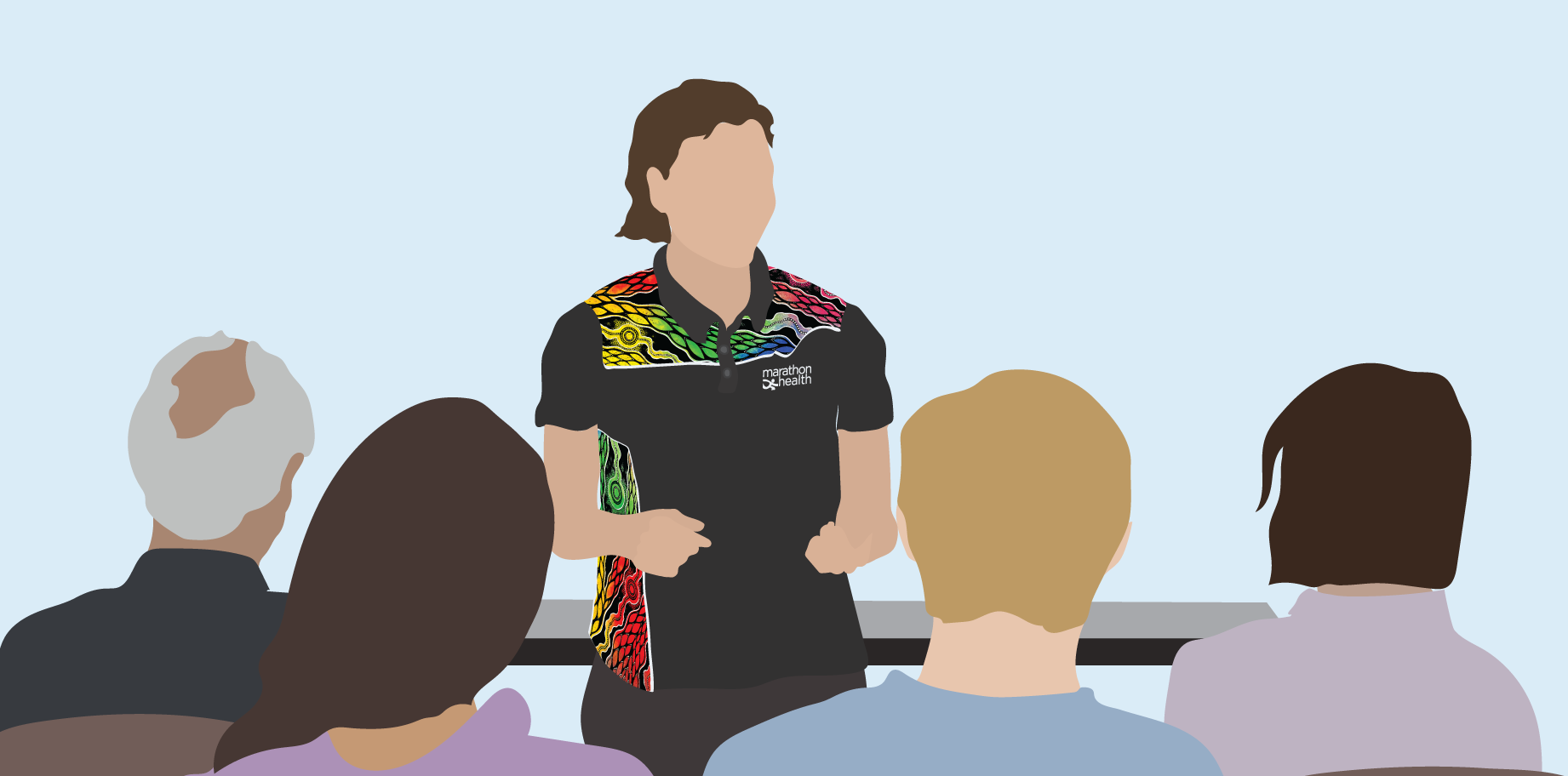 Illustration of a Marathon Health staff member in front of a group of people delivering a Diabetes management education session.